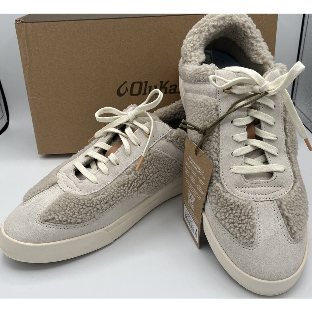 OluKai Kilea Heu Suede Womens 9.5 Cream Sneaker Fleece Trim Comfort Shoe Lace Up